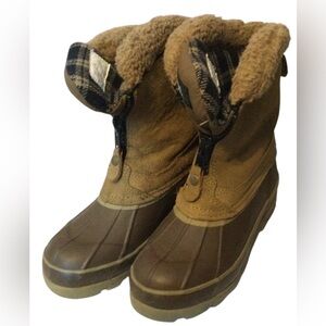 Totes Brown Tan Suede & Rubber Winter Boots Fur Lining Zip Steel Shank Size 6